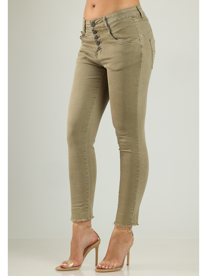 Lory Olive Boyfriend Pant — half body side facing with movement — Bianco Jeans