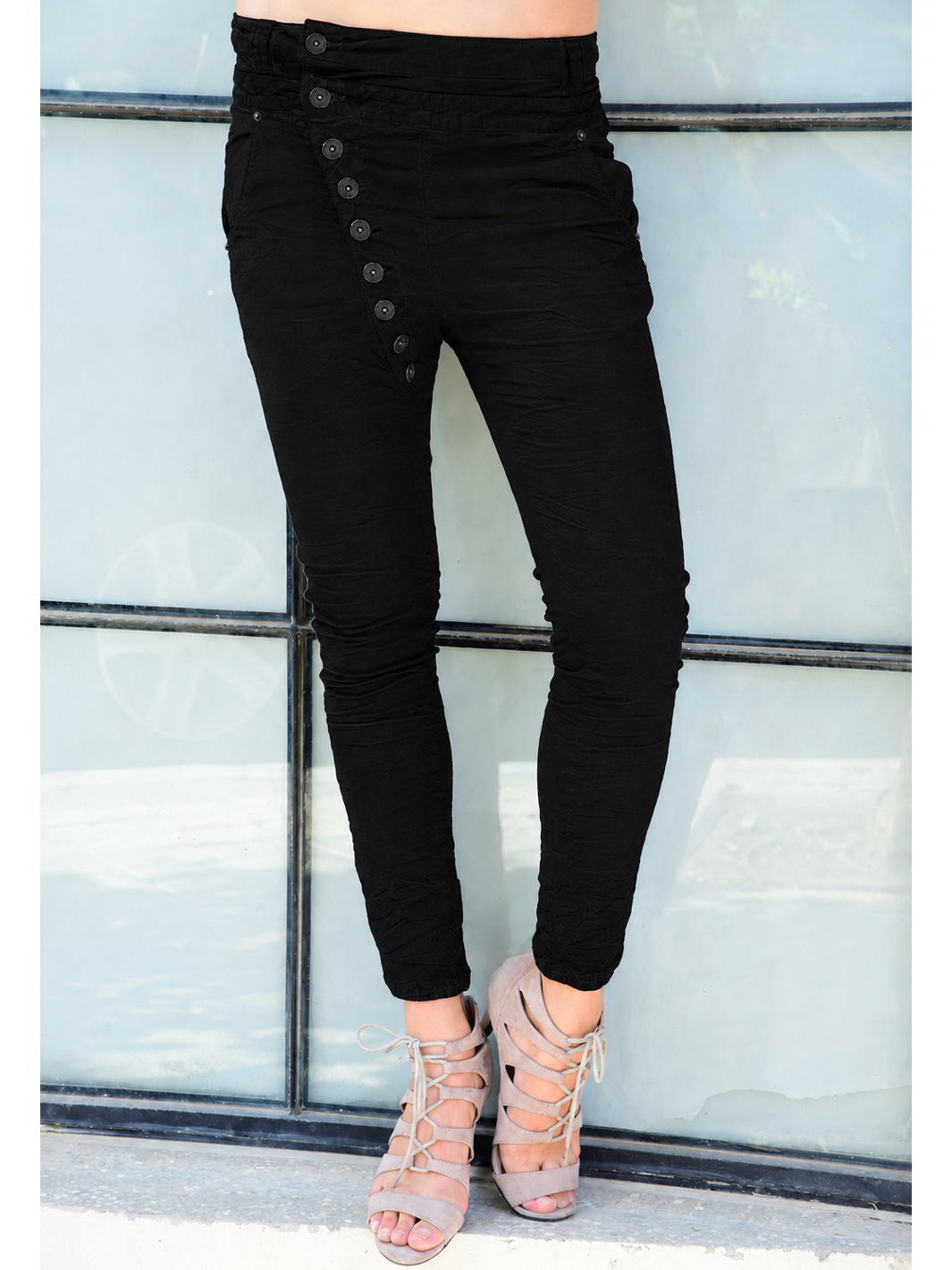 Magnolia Black Boyfriend Pant — half body front view | Bianco Jeans