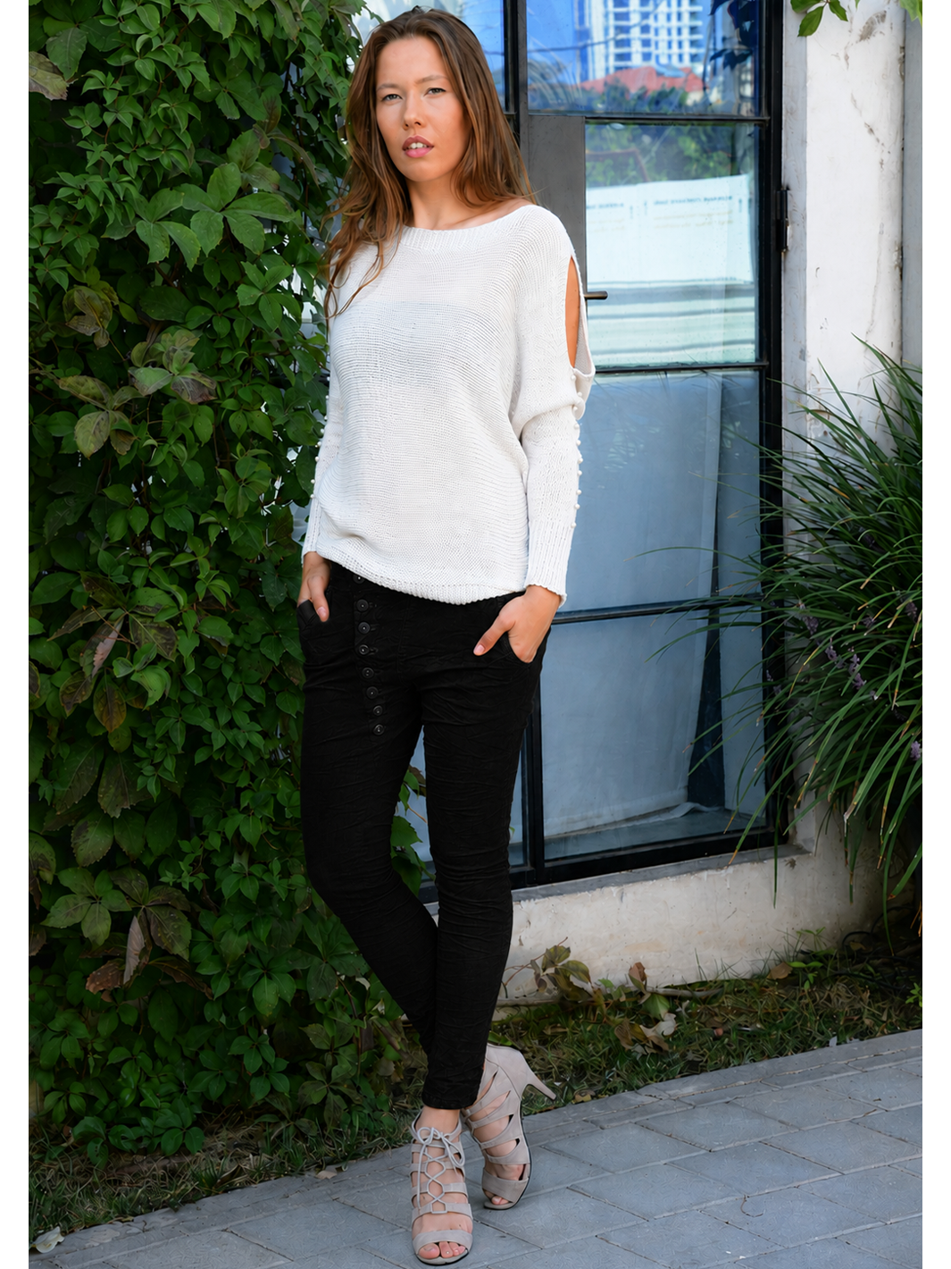 Magnolia Black Boyfriend Pant — full body front view fully styled with movement | Bianco Jeans