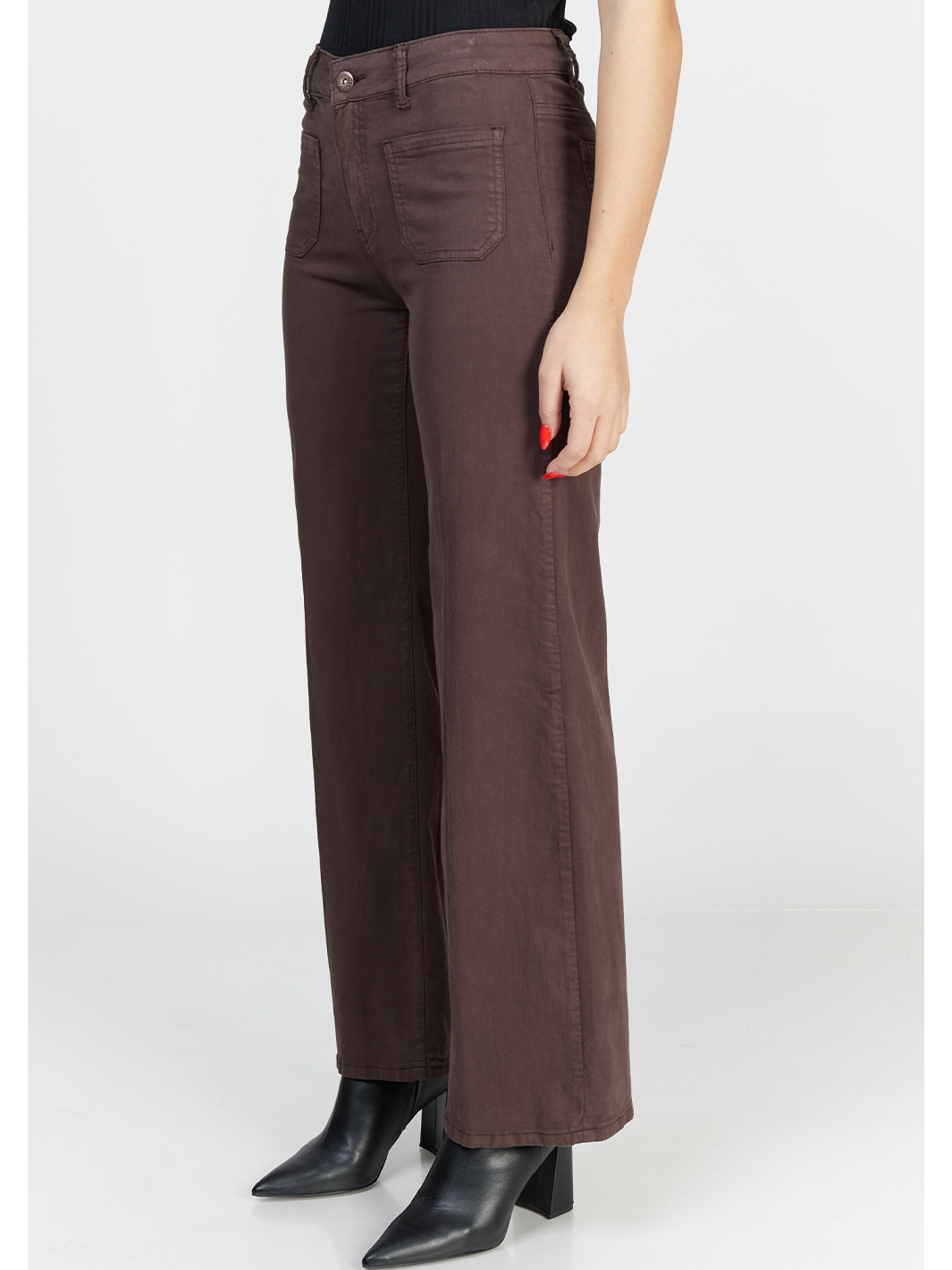 Malani Wide Leg Pant – Chocolate — half body side facing image | Bianco Jeans