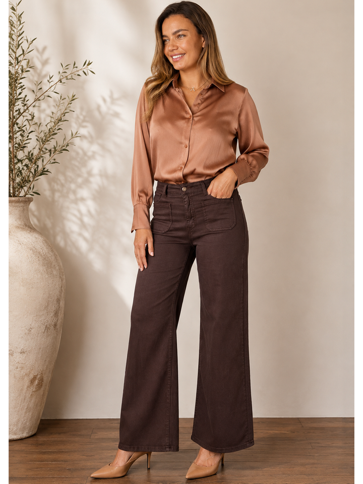 Malani Wide Leg Pant – Chocolate — full body front facing styled lifestyle image | Bianco Jeans