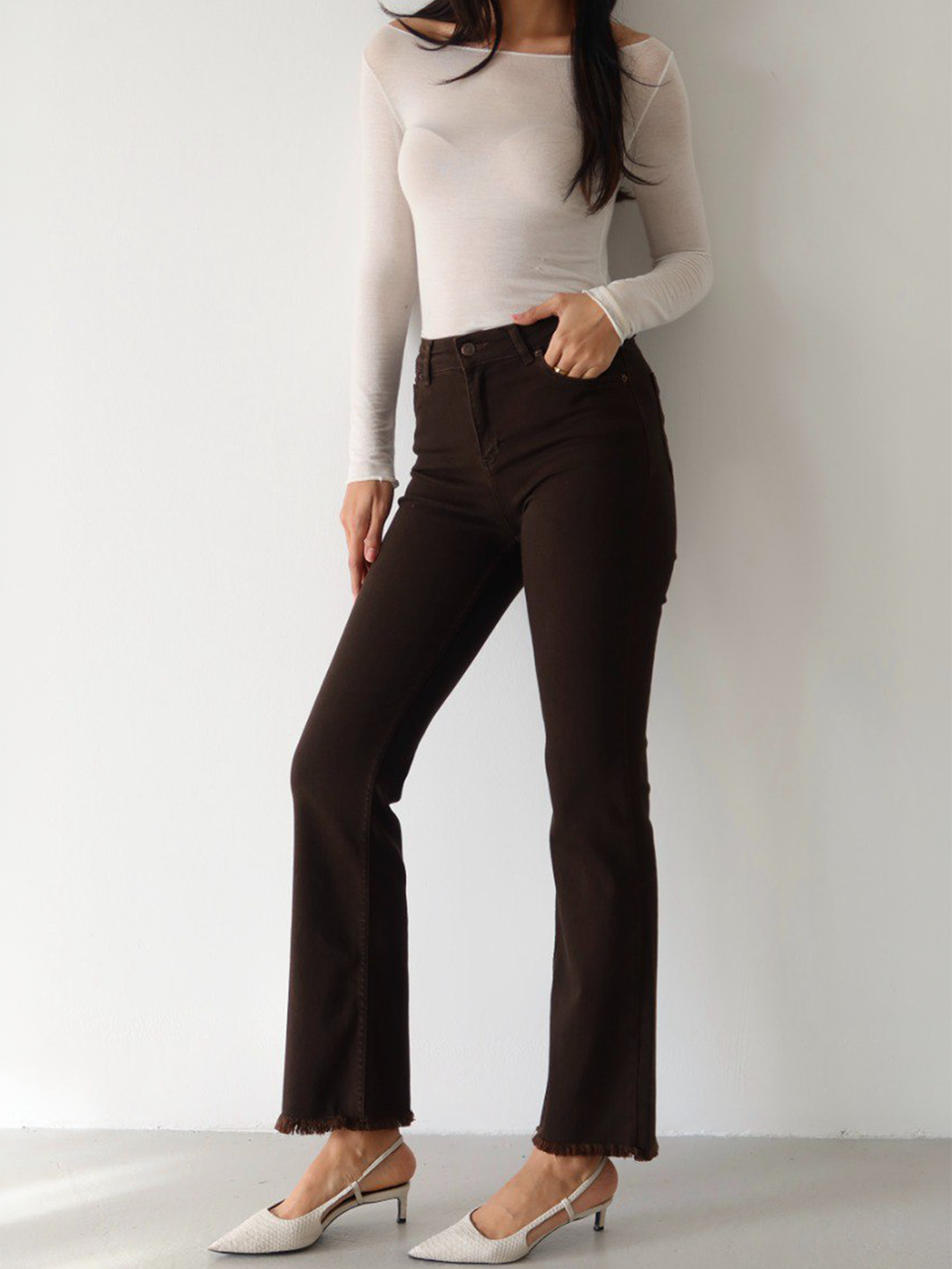 Mila Mini Flare Jean in Espresso – full body slight side pose styled outfit
