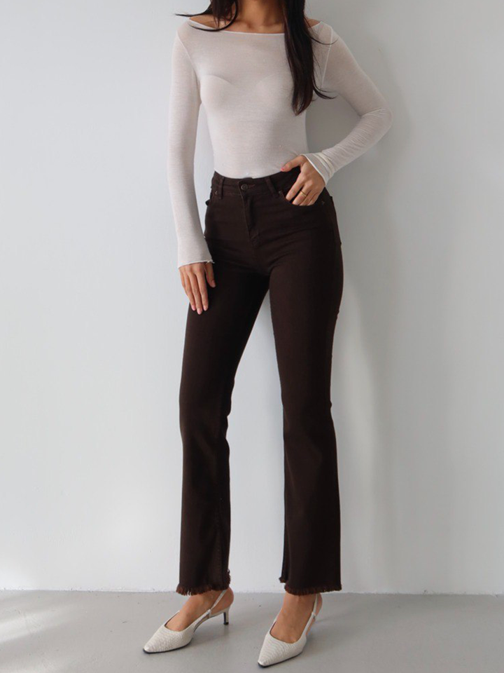 Mila Mini Flare Jean in Espresso – full body front facing styled outfit
