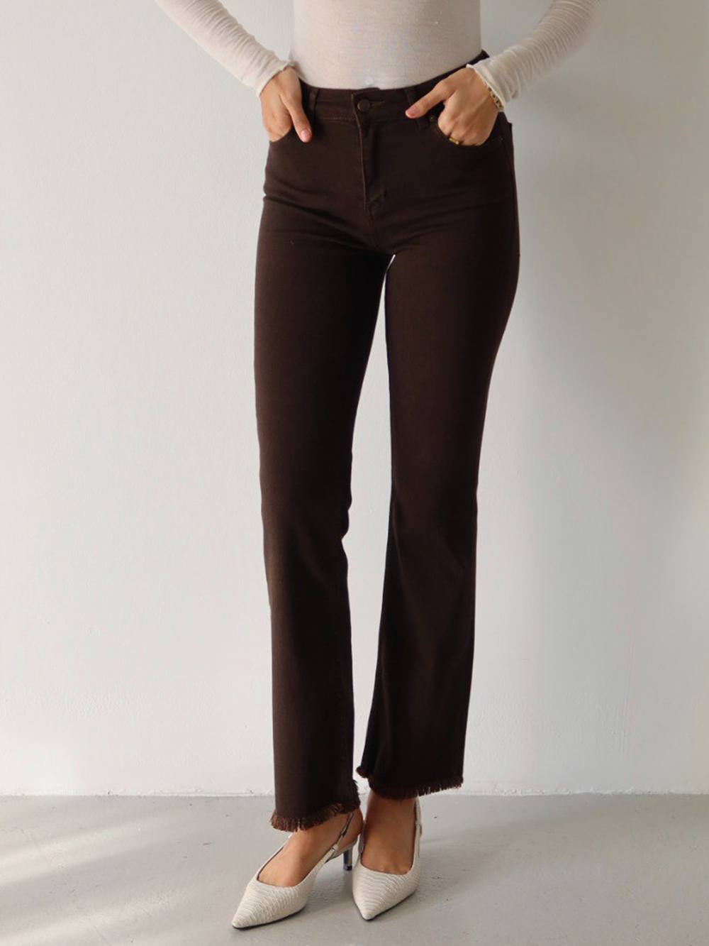 Mila Mini Flare Jean in Espresso – half body front view styled