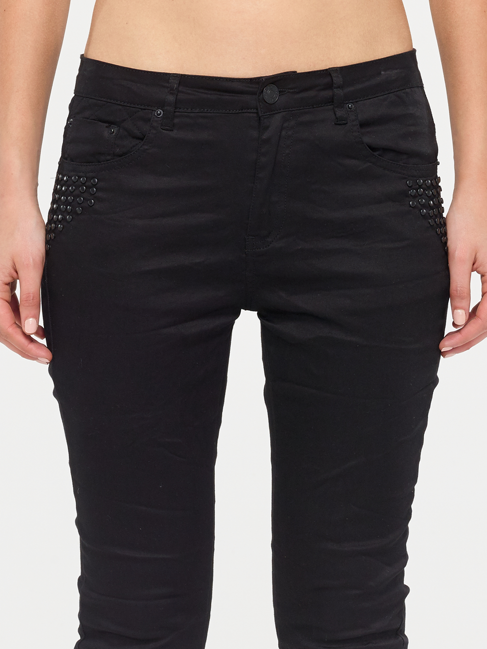 Natalie Boyfriend Pant – Black — close up of waist detail and stud detailing | Bianco Jeans