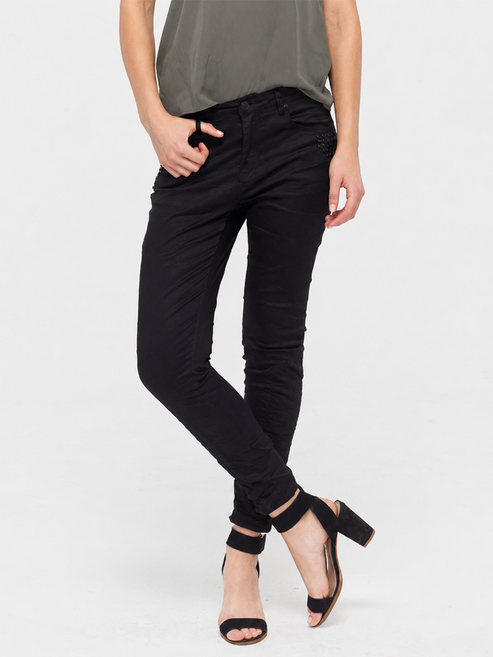 Natalie Boyfriend Pant – Black — full body front view fully styled with movement | Bianco Jeans