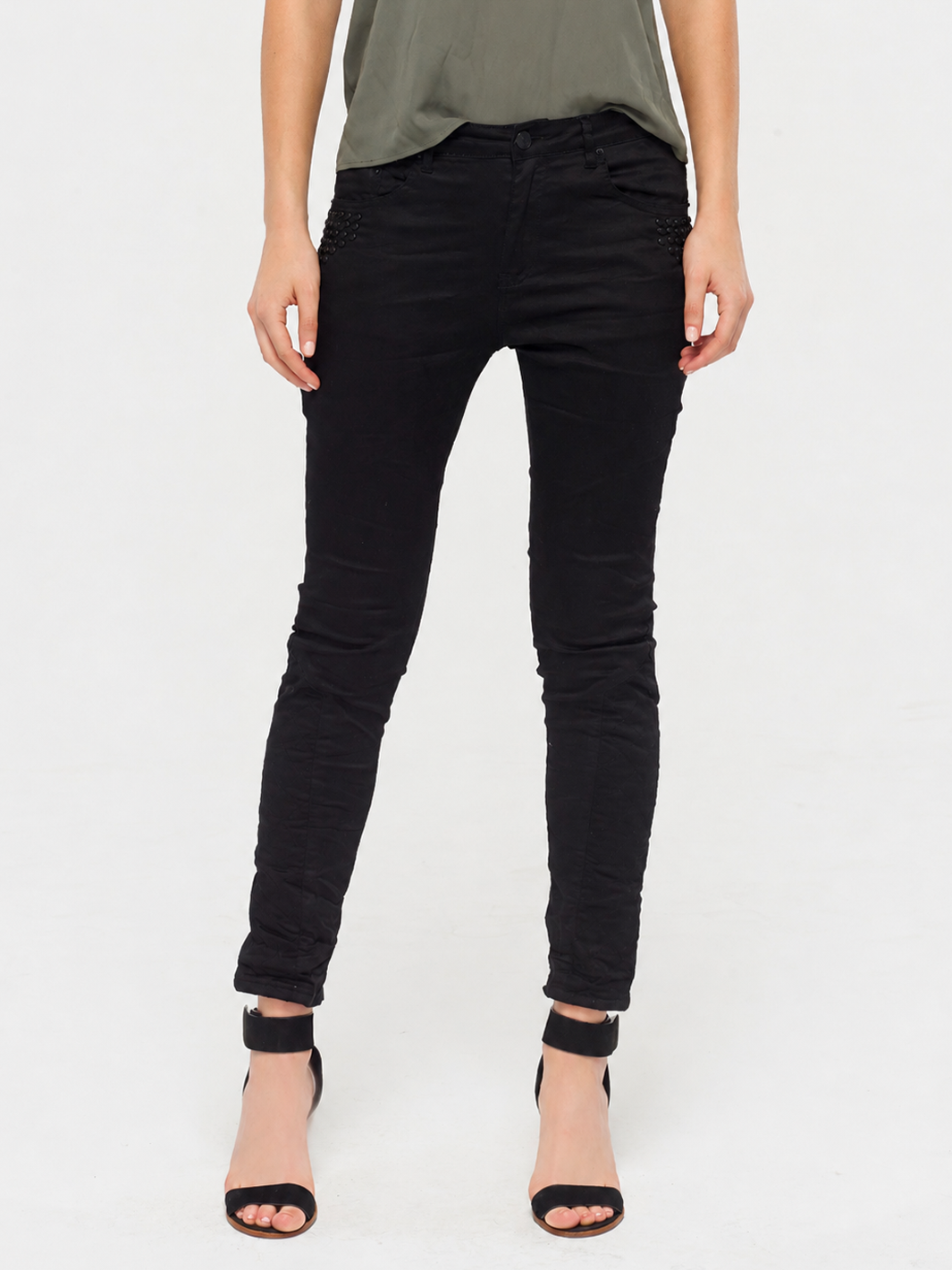 Natalie Boyfriend Pant – Black — half body front view styled | Bianco Jeans
