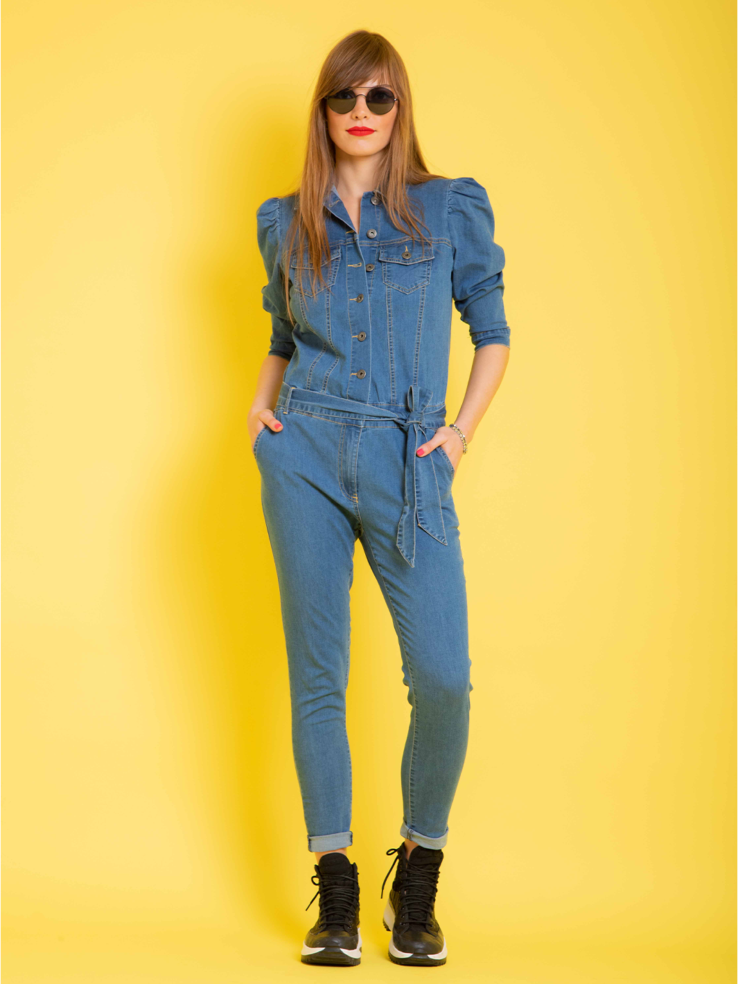 Nina Denim Jumpsuit — full body front view, stretch denim with self-tie belt and tapered leg | Bianco Jeans