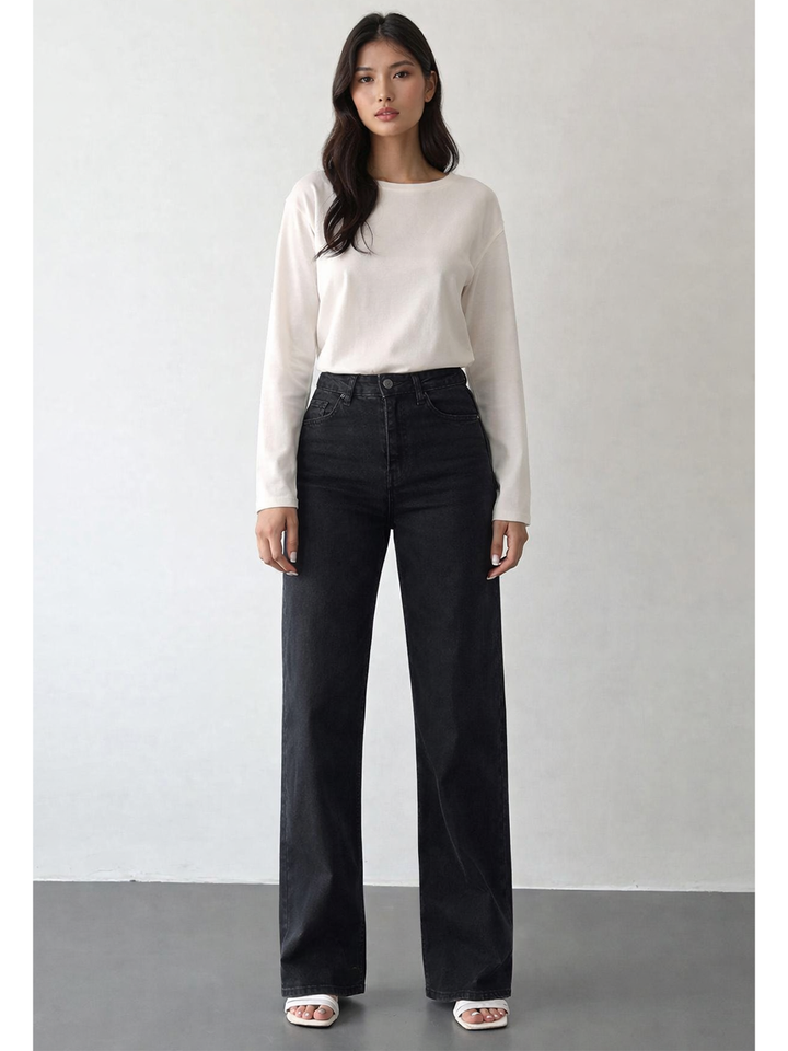 Nita Charcoal Gray Straight Jean - Full Body Front Styled | Bianco Jeans