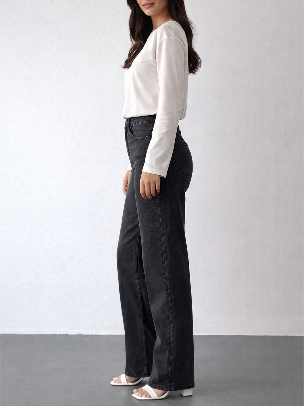 Nita Charcoal Gray Straight Jean - Full Body Side Profile Styled | Bianco Jeans