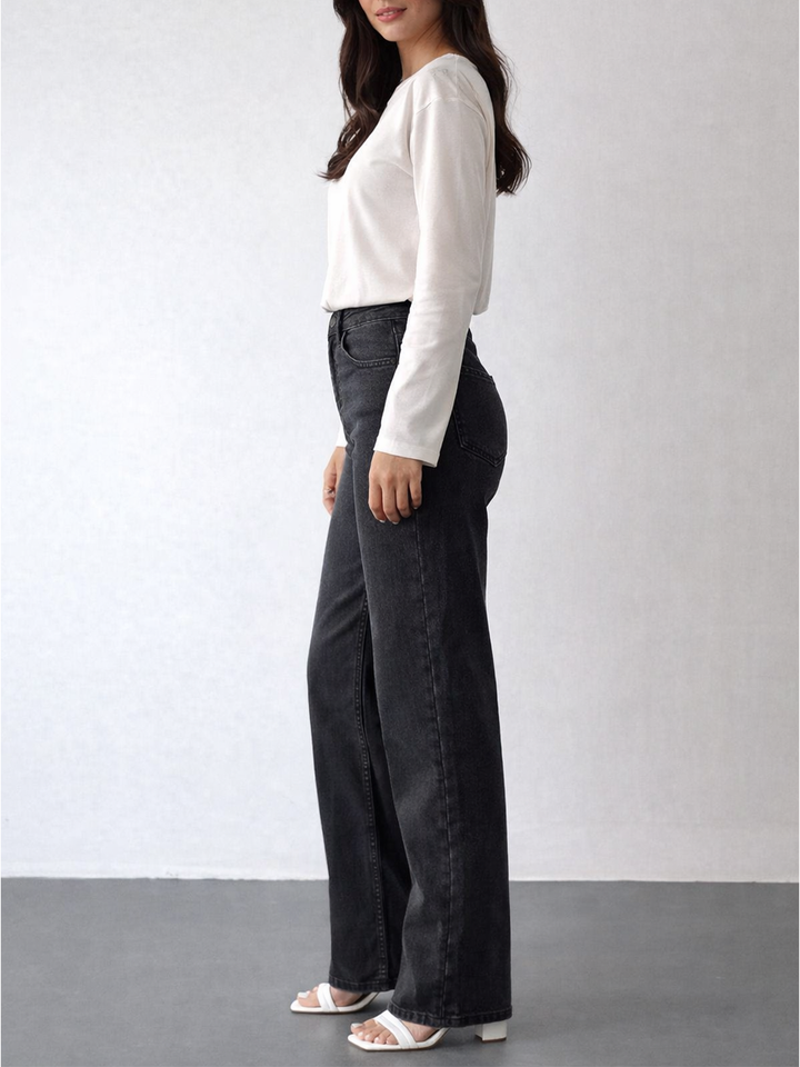 Nita Charcoal Gray Straight Jean - Full Body Side Profile Styled | Bianco Jeans