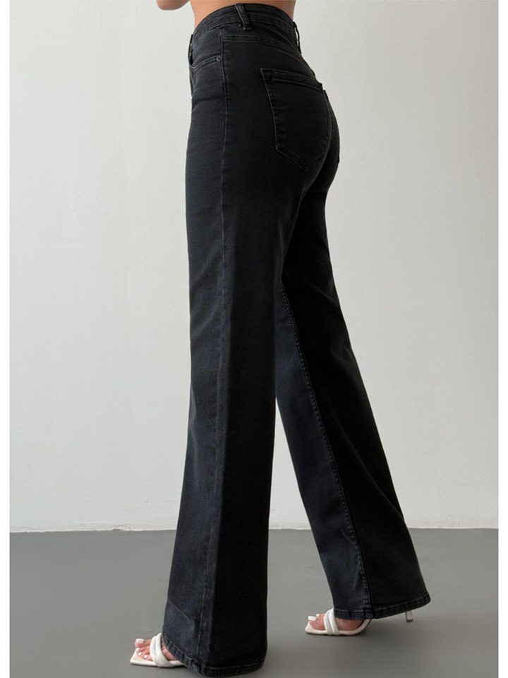 Nita Charcoal Gray Straight Jean - Half Body Side Profile with Movement | Bianco Jeans