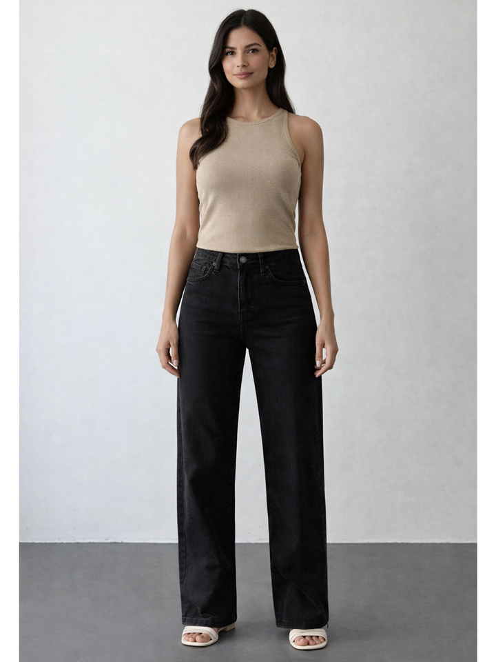Nita Espresso Straight Jean - Full Body Front Styled | Bianco Jeans