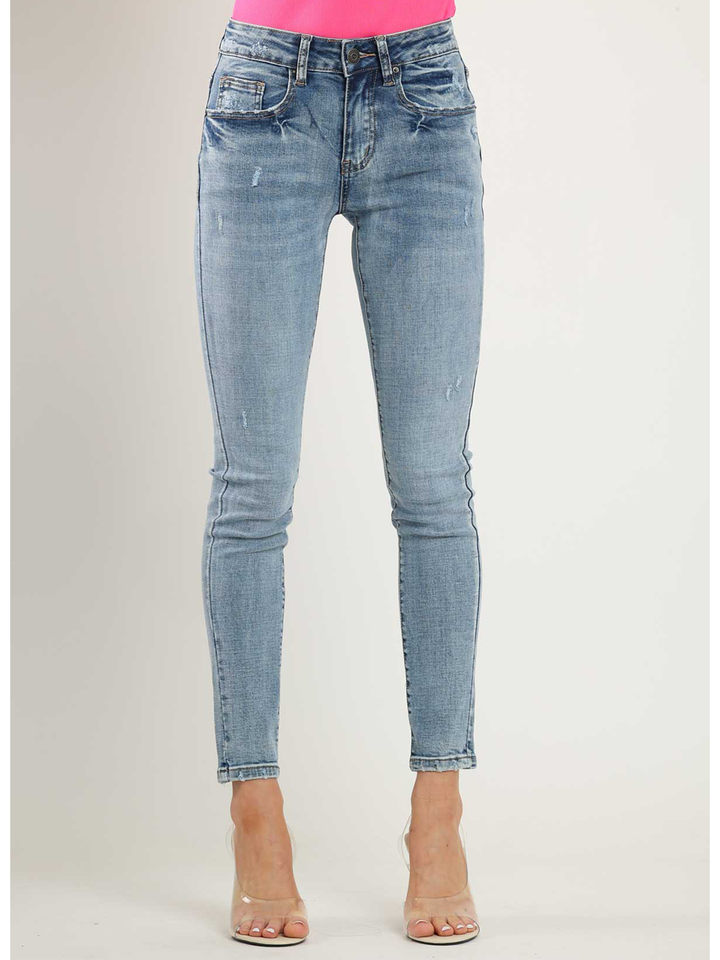 Orito Medium Blue Skinny Jean — half body front facing view | Bianco Jeans