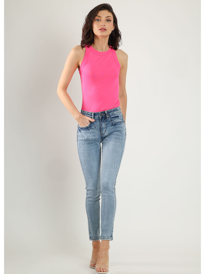 Orito Medium Blue Skinny Jean — full body front view styled | Bianco Jeans