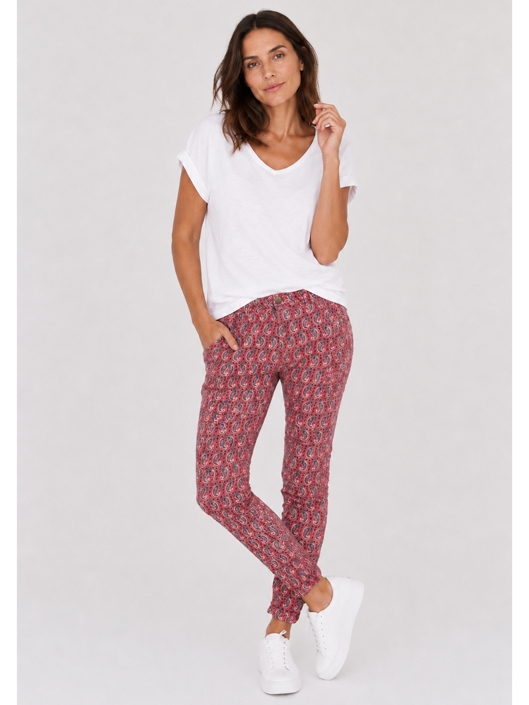 Peach Blossom Boyfriend Pant — full body front view styled | Bianco Jeans