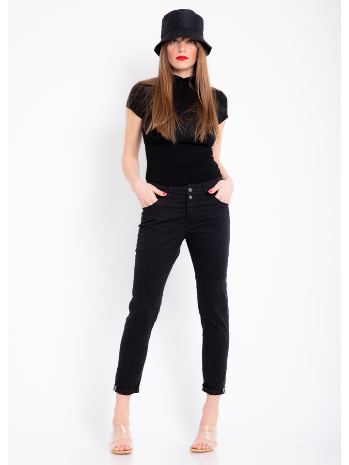 Ricky Black Pant — full body front styled look, slim boyfriend stretch cotton with striped cuff trim | Bianco Jeans