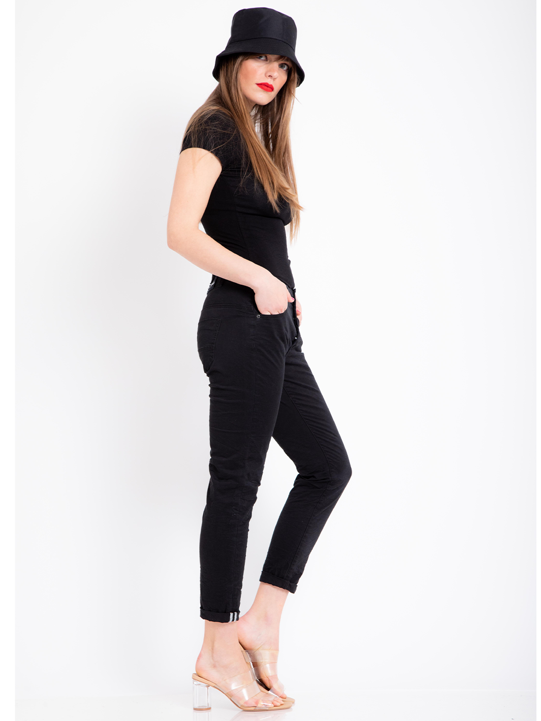Ricky Black Pant — full body side facing styled look, slim tapered leg with ankle length silhouette | Bianco Jeans