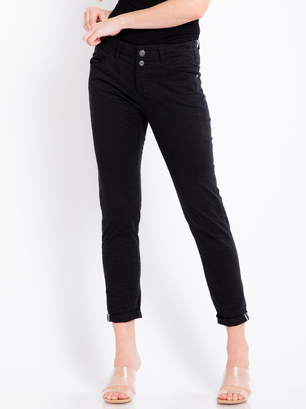 Ricky Black Pant — half body front facing view, button fly and five-pocket black boyfriend pant | Bianco Jeans
