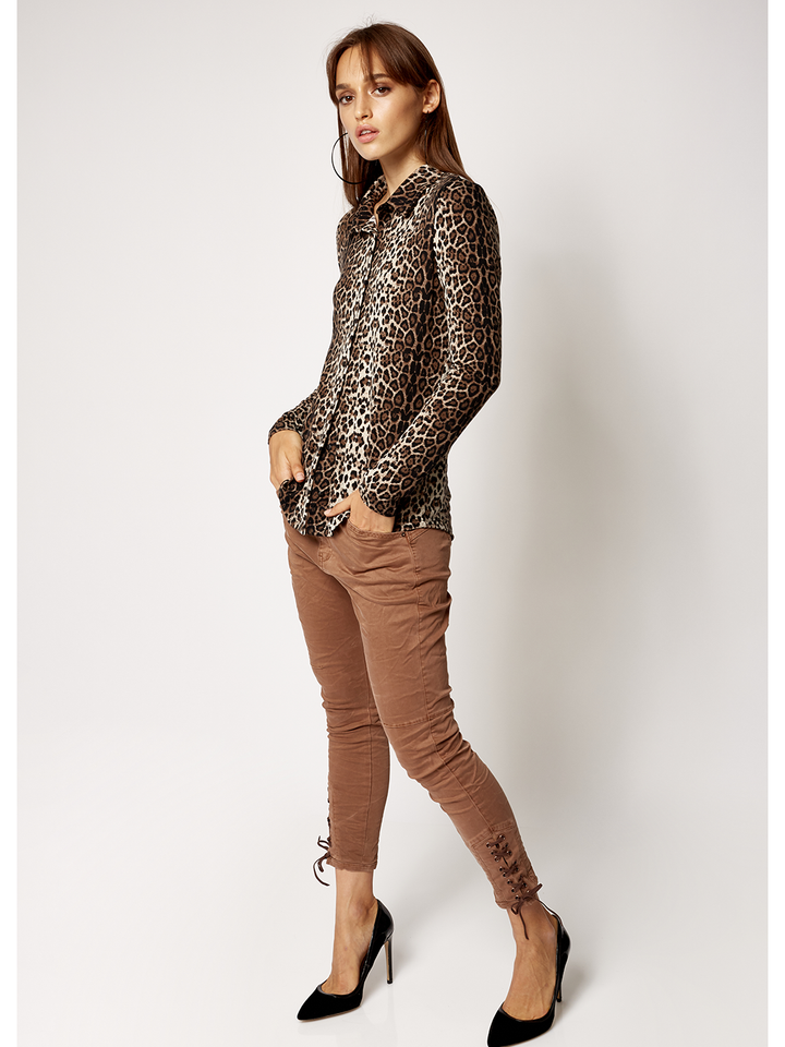 Rosario Chocolate Riding Pant — full body front facing styled — Bianco Jeans