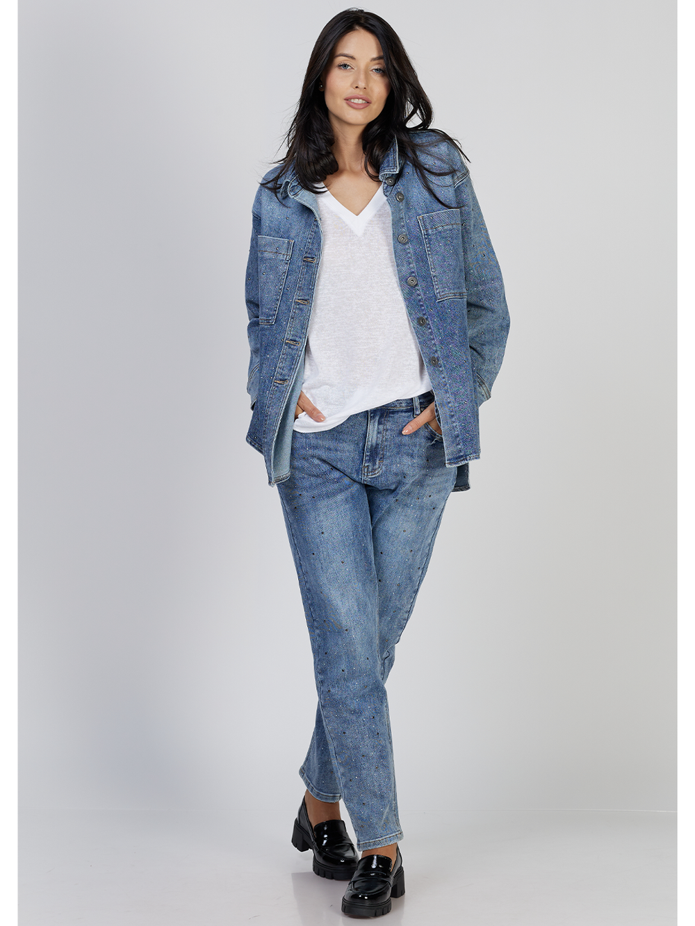 Rosetta Vintage Wash Denim Jacket - Full Body Front Facing Styled | Bianco Jeans