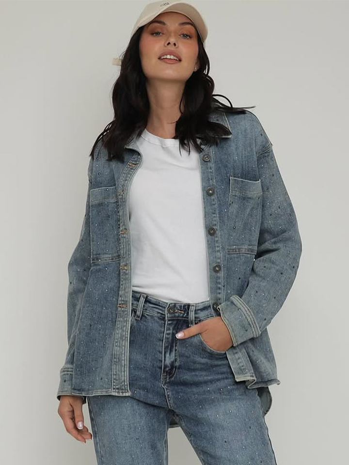 Rosetta Vintage Wash Denim Jacket front close-up view showing utility pockets and stud detailing – Bianco Jeans
