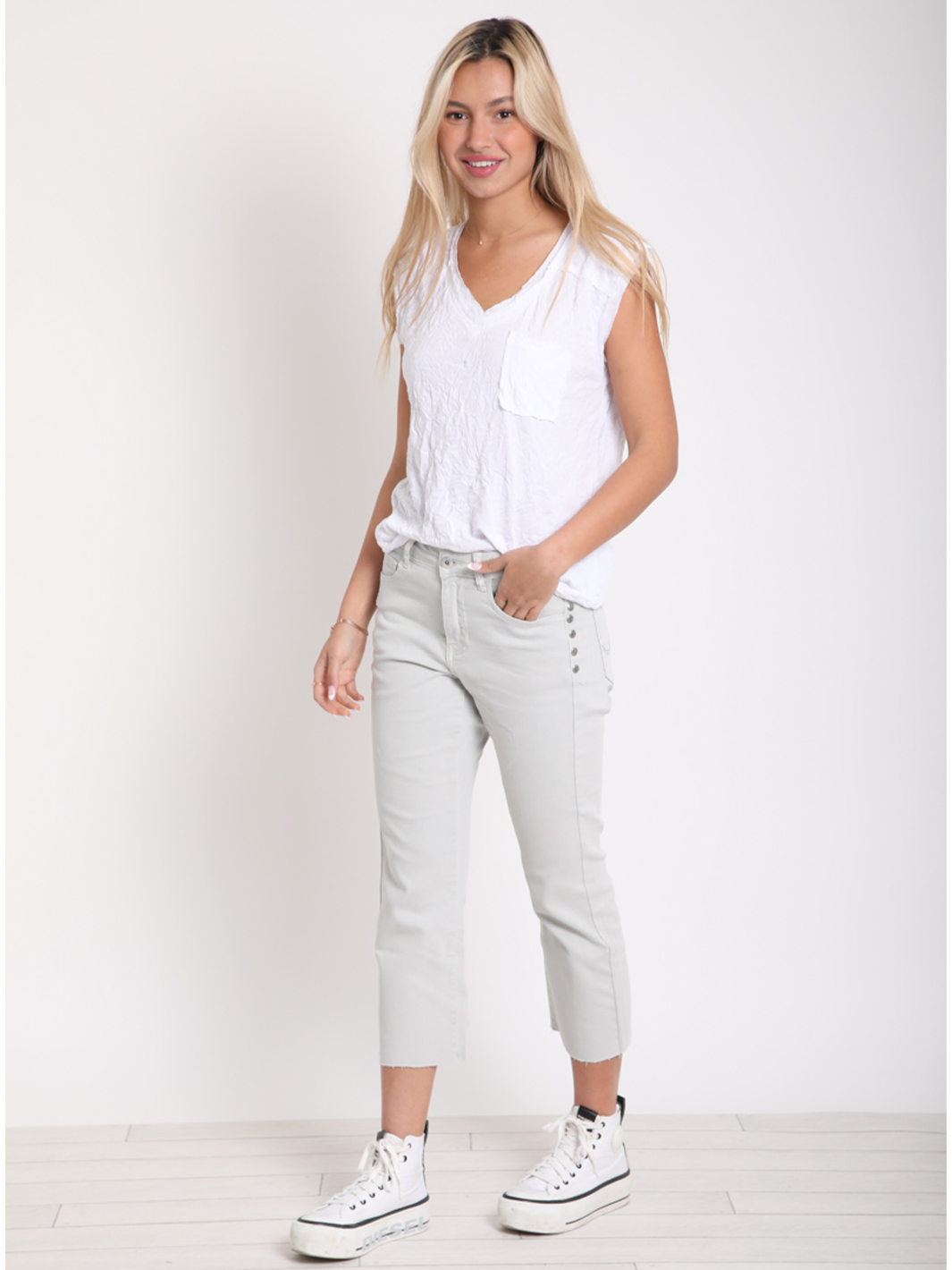 Ryan Stone Straight Leg Jean — full body side view styled | Bianco Jeans