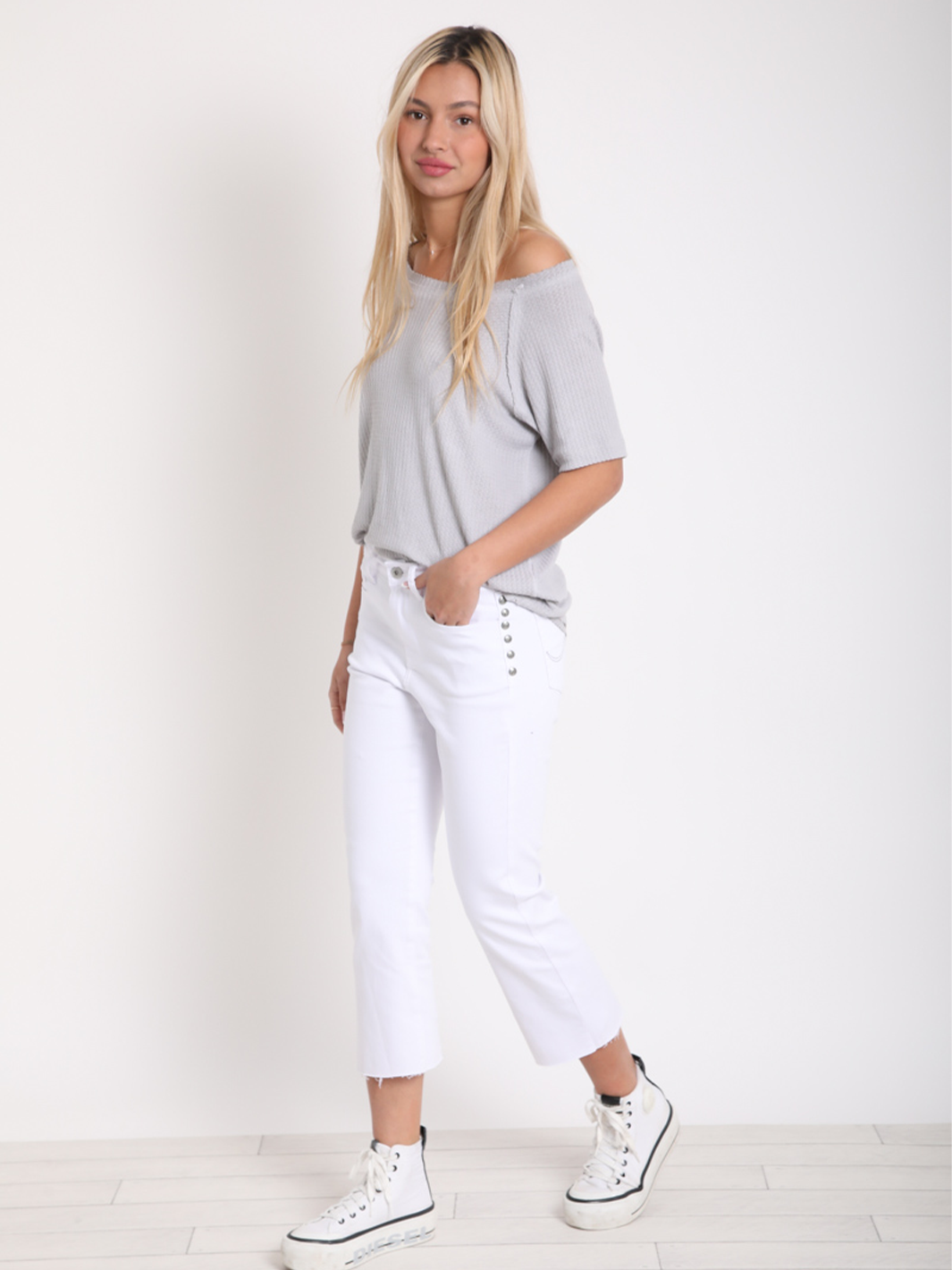 Ryan White Straight Leg Jean — full body side facing view, cropped ankle length with raw hem detail | Bianco Jeans
