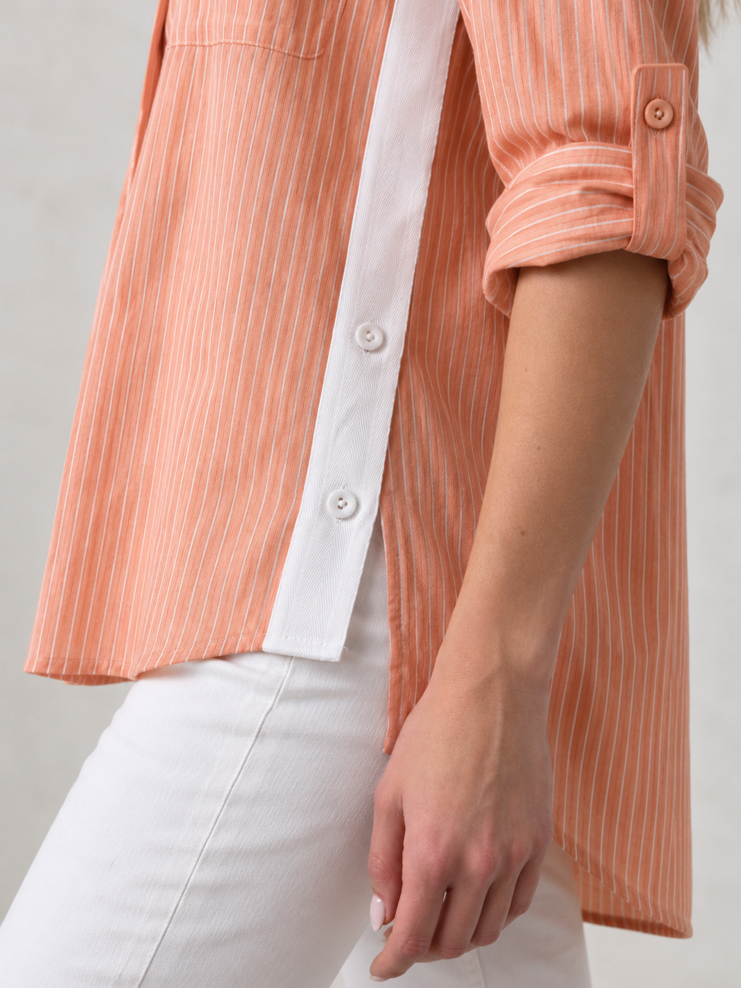 Sienna Stripe Shirt – Apricot — close up of sleeve tab detail | Bianco Jeans