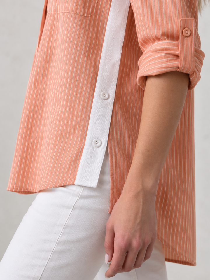 Sienna Stripe Shirt – Apricot — close up of sleeve tab detail | Bianco Jeans