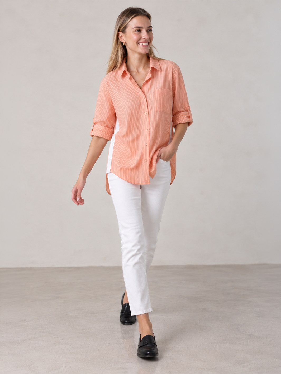 Sienna Stripe Shirt – Apricot — full body front facing styled image with movement | Bianco Jeans