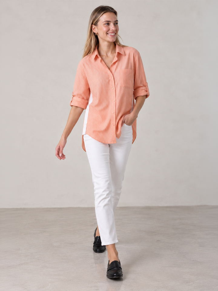 Sienna Stripe Shirt – Apricot — full body front facing styled image with movement | Bianco Jeans