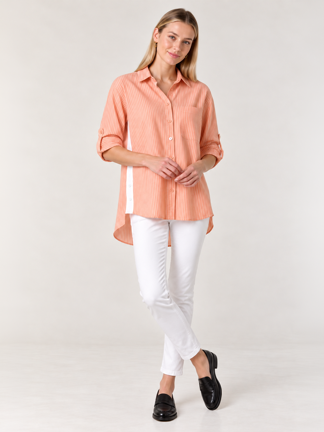 Sienna Stripe Shirt – Apricot — full body front facing styled image | Bianco Jeans