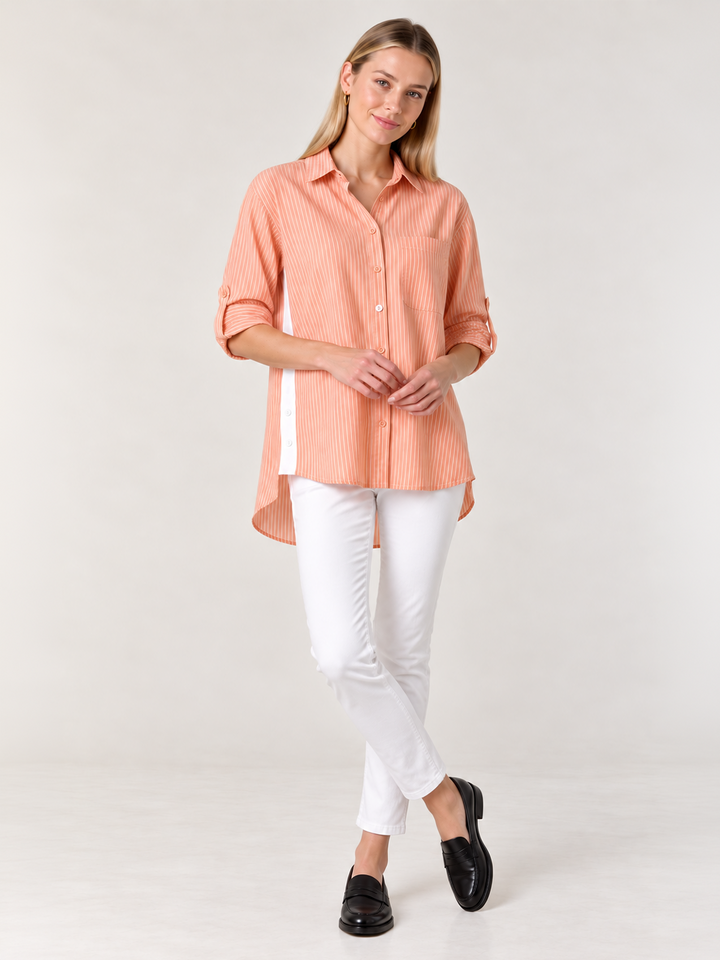 Sienna Stripe Shirt – Apricot — full body front facing styled image | Bianco Jeans