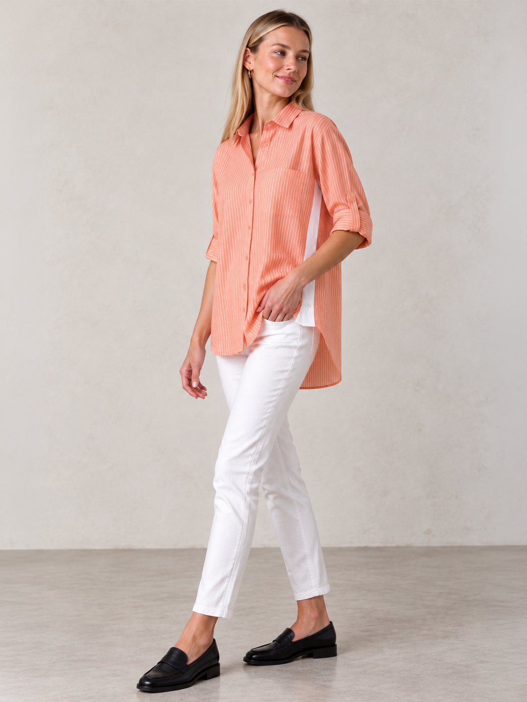 Sienna Stripe Shirt – Apricot — full body slightly side facing image | Bianco Jeans