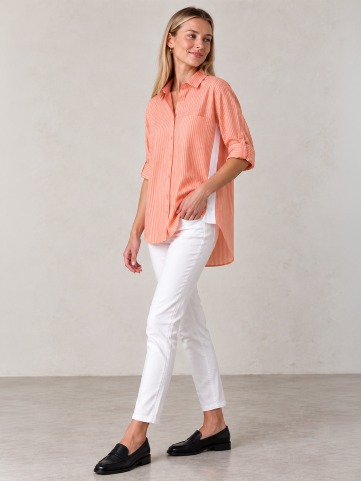 Sienna Stripe Shirt – Apricot — full body slightly side facing image | Bianco Jeans