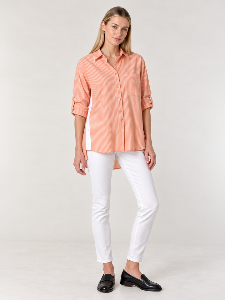 Sienna Stripe Shirt – Apricot — full body front facing image shirt untucked | Bianco Jeans
