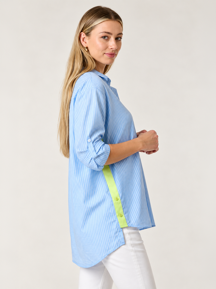 Sienna Stripe Shirt – Light Blue — full body side facing image showing side tab detail | Bianco Jeans
