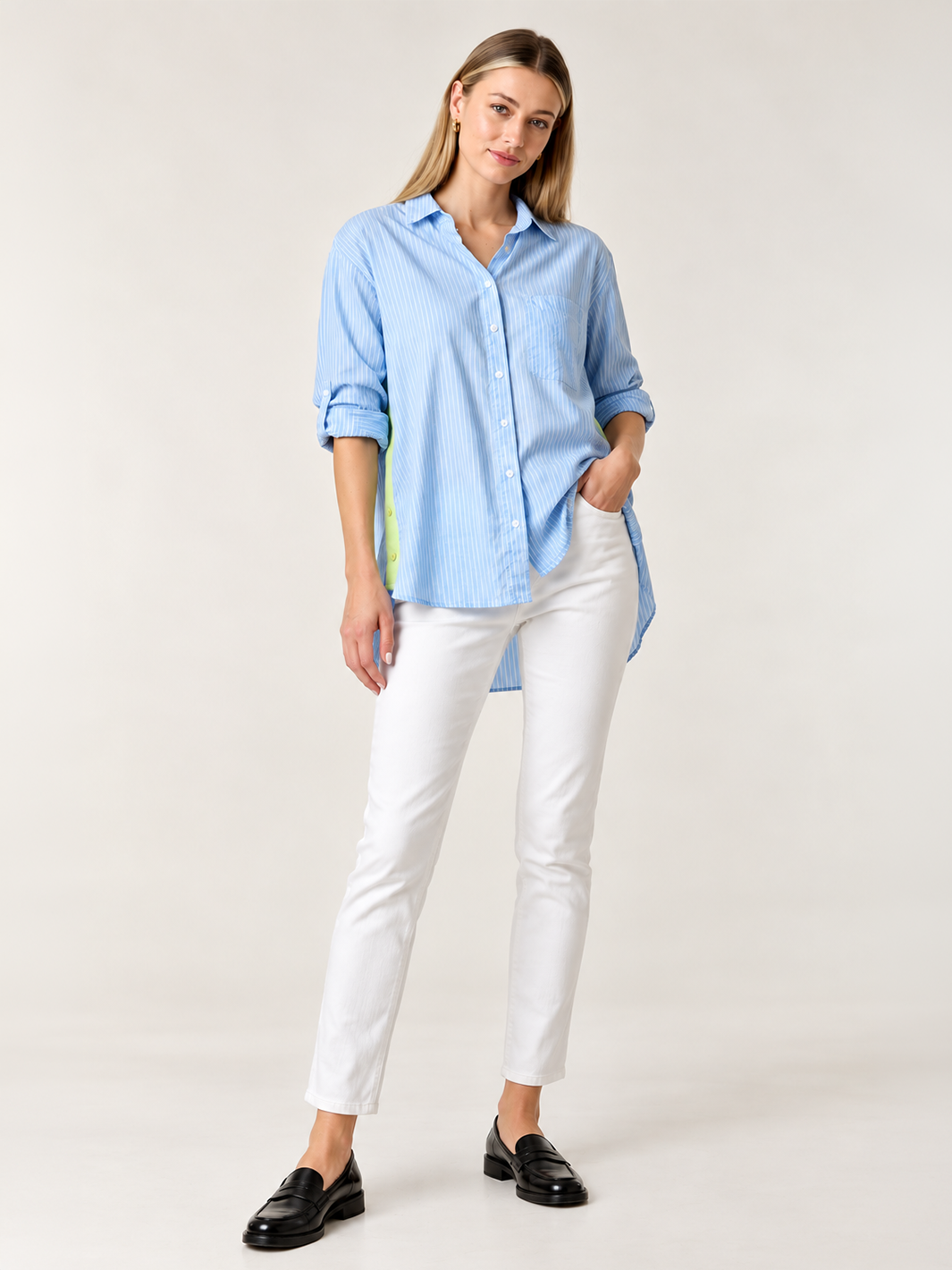 Sienna Stripe Shirt – Light Blue — full body front facing image with shirt in a half tuck | Bianco Jeans