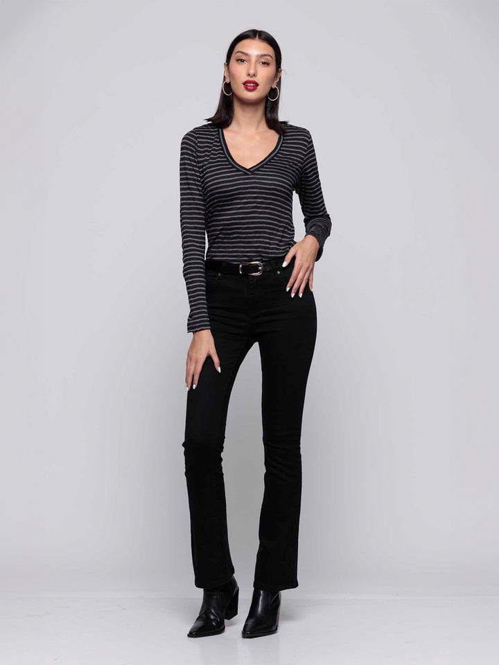 Cava Black Flare Jean — full body front view styled | Bianco Jeans