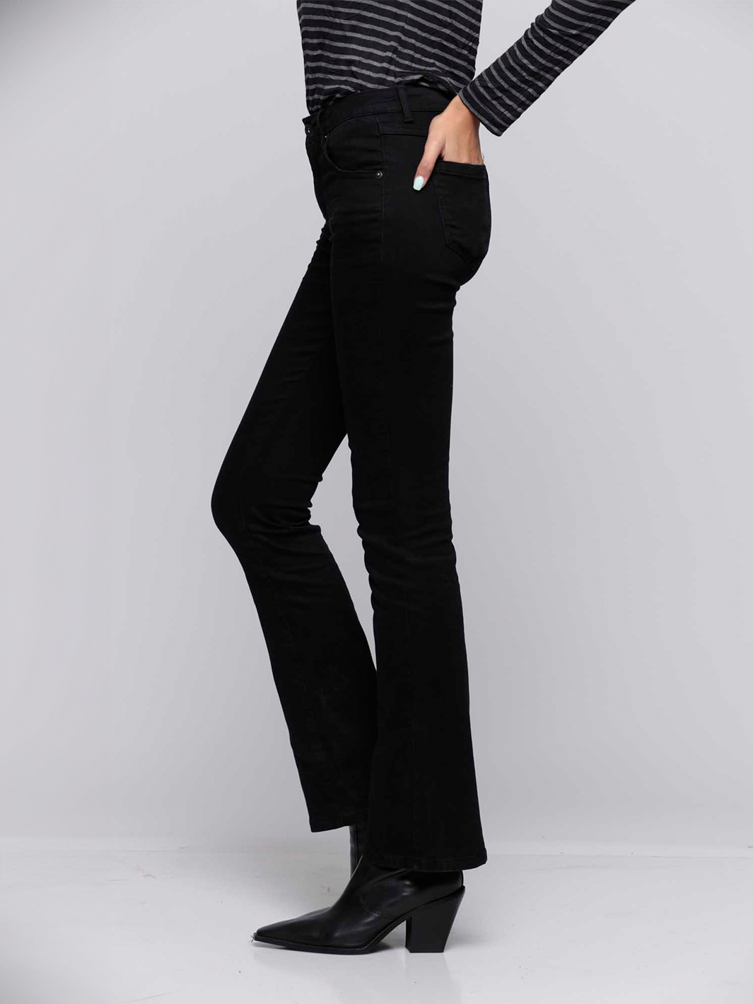 Cava Black Flare Jean — half body side profile pose | Bianco Jeans
