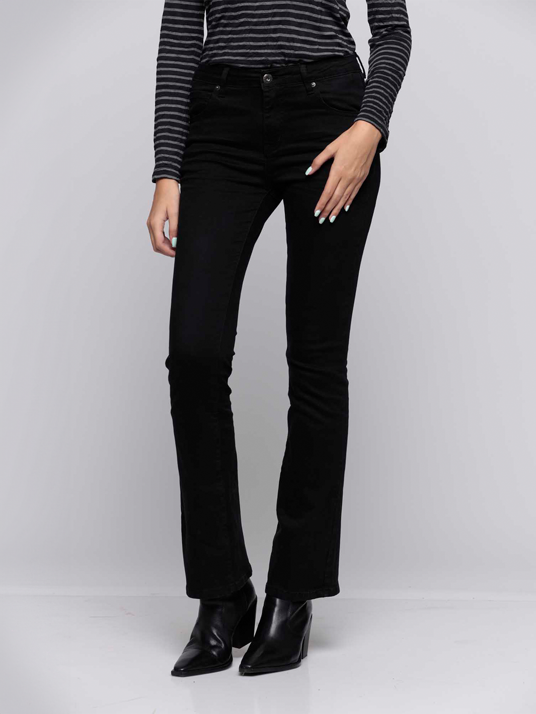 Cava Black Flare Jean — half body front facing with movement | Bianco Jeans