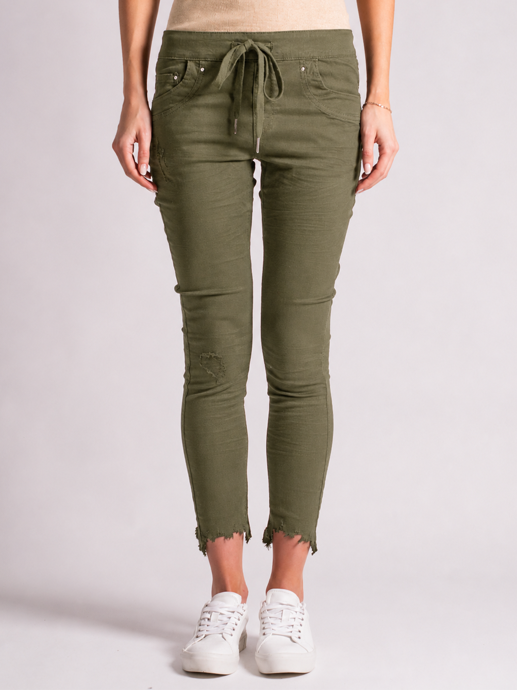 Samantha Olive Jogger — half body front view | Bianco Jeans