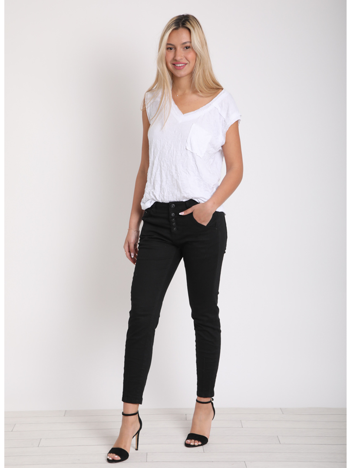 San Luis Black Jean — full body front facing view in motion, flattering slim boyfriend black stretch denim | Bianco Jeans