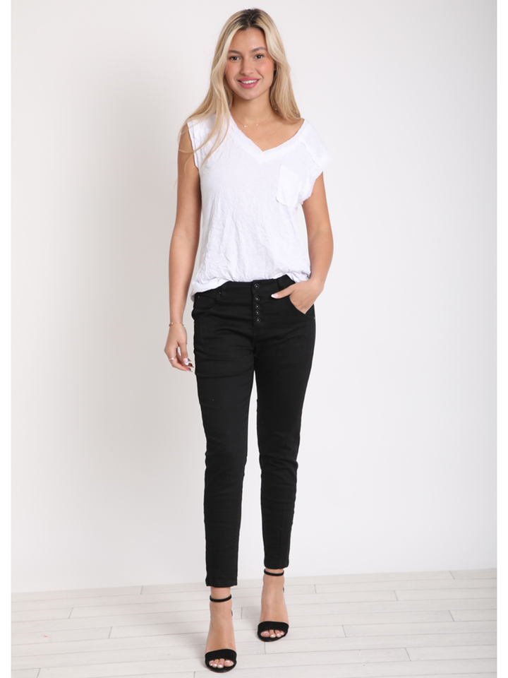 San Luis Black Jean — full body front facing view, slim boyfriend stretch denim with exposed button fly | Bianco Jeans