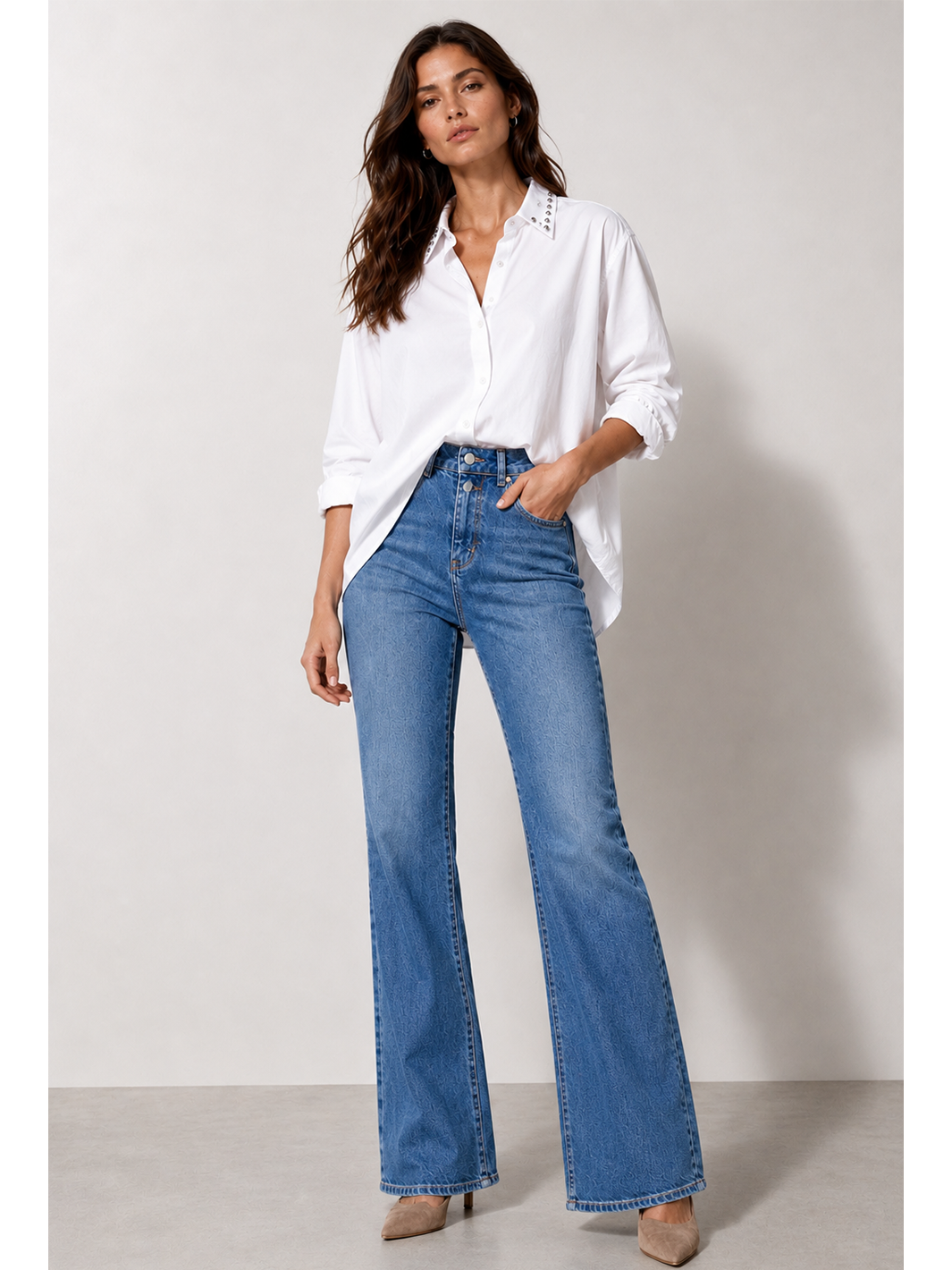 Sloane Shirt White - Full Body Front Facing Styled | Bianco Jeans