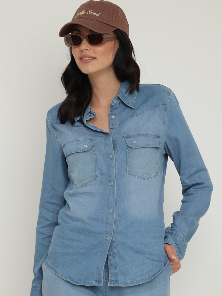 Bianca Chambray Shirt — top half body front facing view with movement | Bianco Jeans