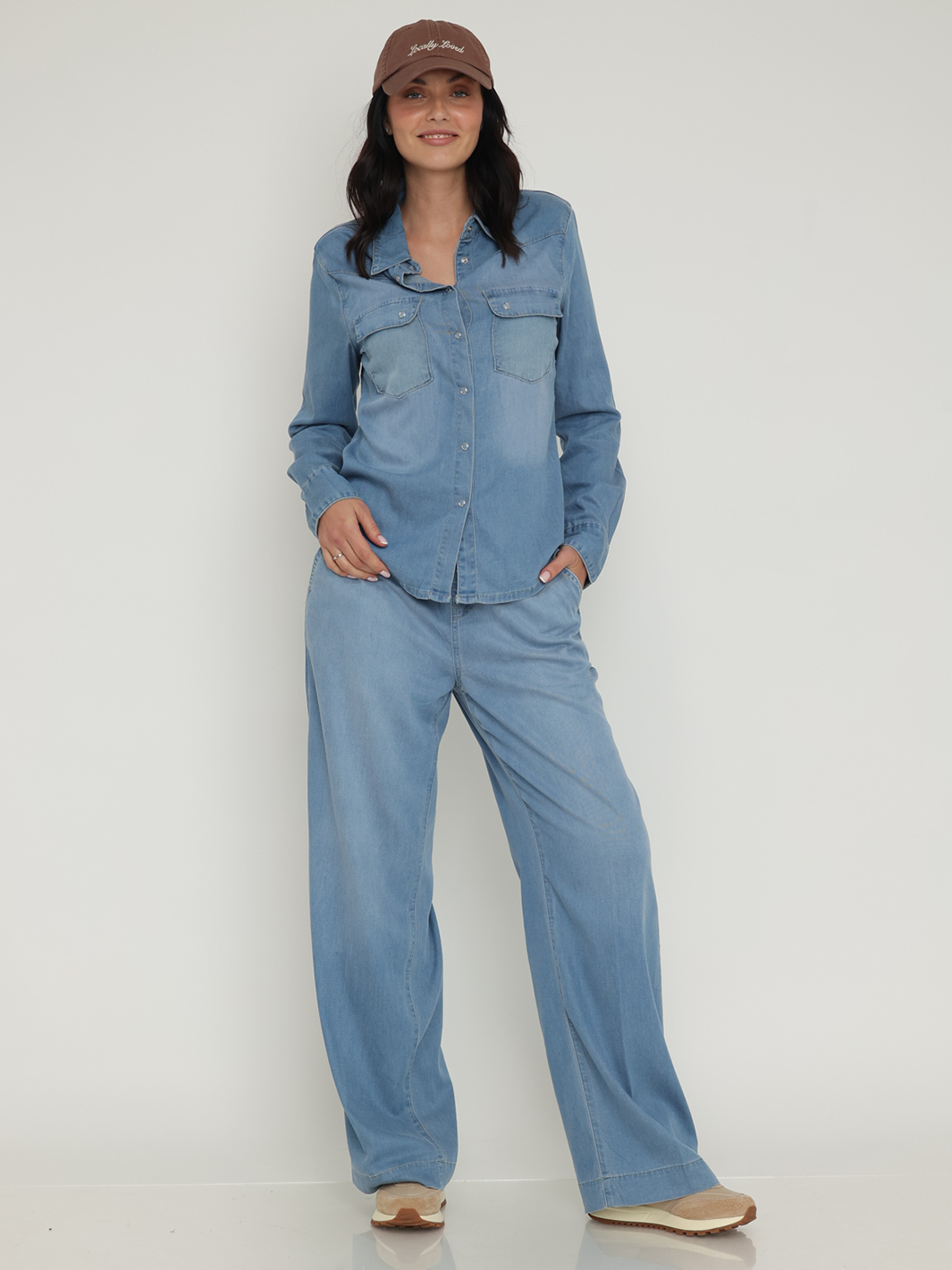 Bianca Chambray Shirt — full body front facing styled image | Bianco Jeans