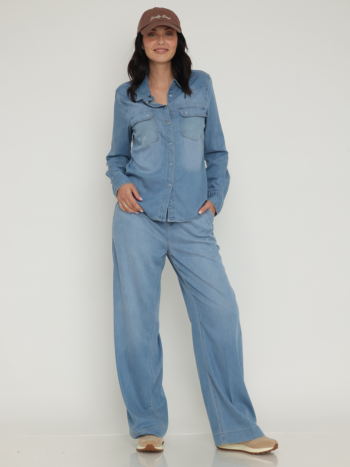 Bianca Chambray Shirt — full body front facing styled image | Bianco Jeans