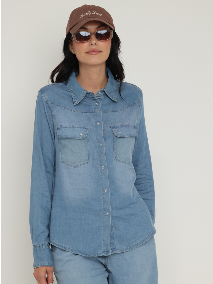 Bianca Chambray Shirt — top half body front facing view | Bianco Jeans